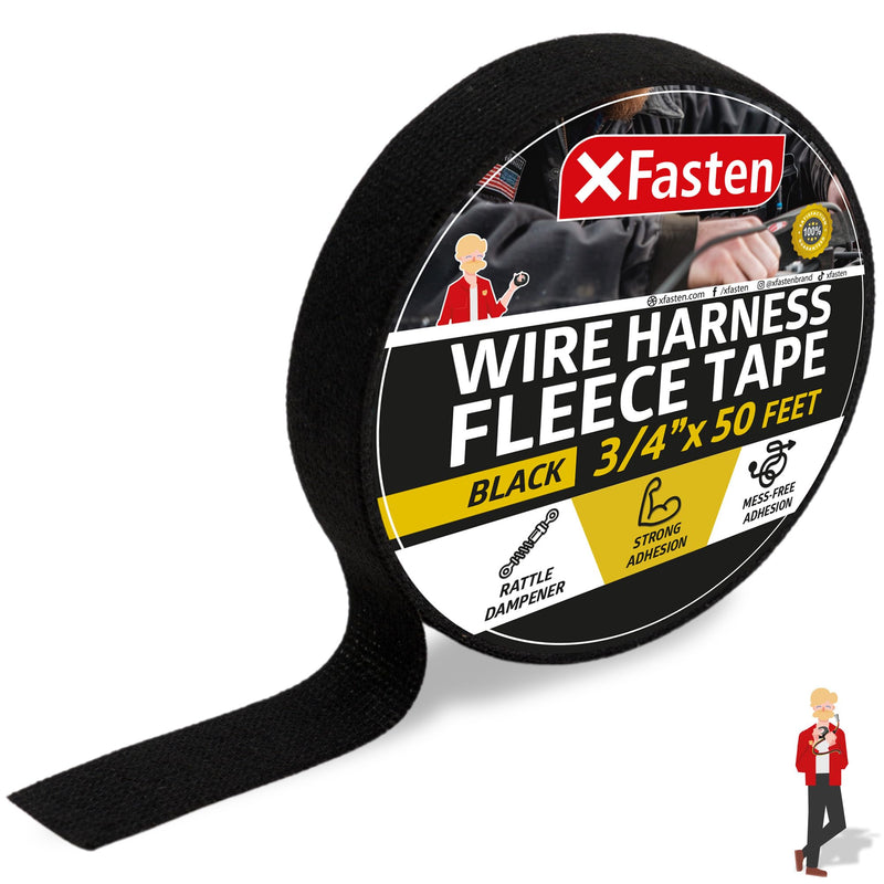 XFasten Wire Harness Tape 3/4 Inch x 50 ft, Residue-Free Cloth Electrical Felt Tape for Automotive Wiring Loom Wrap, High Temp and Abrasion Resistant, Noise Dampening Insulation 3/4-Inch x 50-Feet (Single Pack) Black