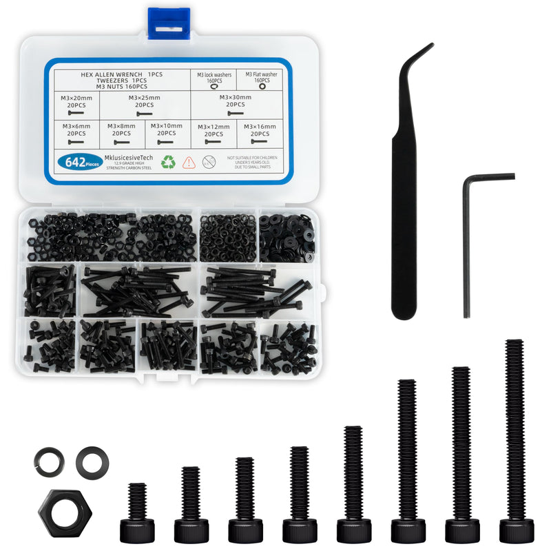 642Pcs M3 Screw Kit 12.9 Grade High Strength Carbon Steel M3 Screw Assortment M3 Bolts and Nuts Assortment Metric Machine Screw Assortment Black 6mm 8mm 10mm 12mm 16mm 20mm 25mm 30mm M3 642Pcs Socket Head （6mm-30mm）