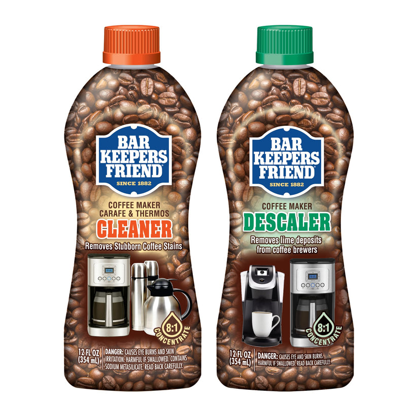 Bar Keepers Friend Coffee Maker Cleaner + Descaler (2 x 12 oz) Removes Stains & Oily Residue from Espresso Machines, Carafes, Thermos, Drip Coffee Pots, Single-Cup Coffee Makers & More