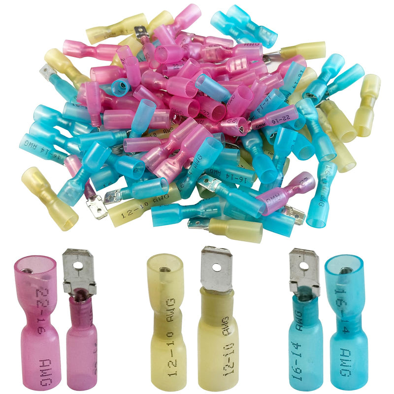 100PCS Heat Shrink Female/Male Connectors Kit,Insulated 22-10AWG Spade Crimp Terminals,Quick Disconnect Connectors for Marine 100PCS(40PCS Red + 40PCS Blue + 20PCS yellow)