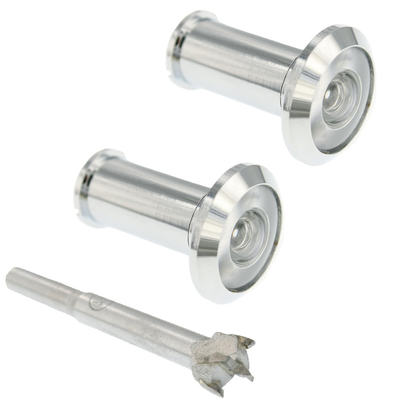 2-PCS 180-degree Door Peephole Viewer for 1-1/2" to 2-1/4" Doors with 14mm (9/16") Tungsten Carbide Wood Bit,Bright Chrome,Enhance Security and Convenience with Wide Angle Viewing 180 Degree Bright Chrome