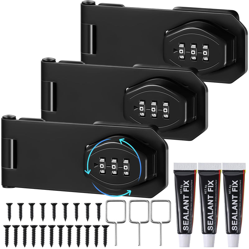 3 Pcs 4 Inch Password Rotary Hasp Locks Mechanical Cabinet Locks Combination Slide Latch Lock for Door Security, Cabinets, Barn Door, Bathroom, Outdoor, Closet, Garden Fence