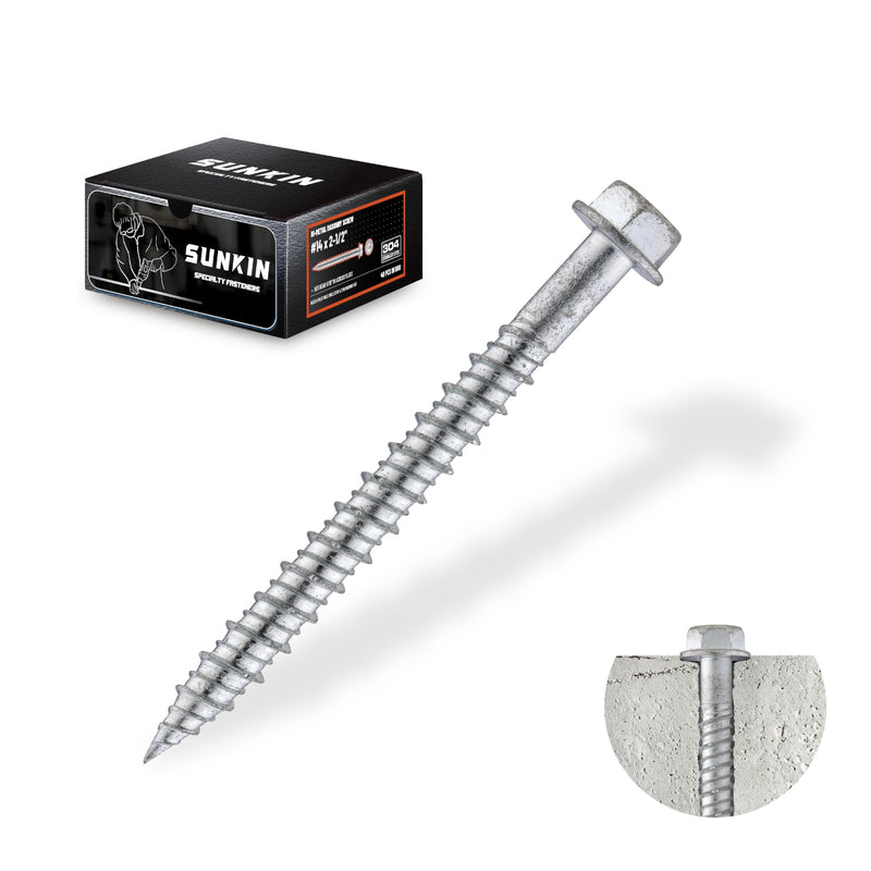 SUNKIN 40PCS Concrete Screws, Bi-Metal Stainless Steel 304, #14 x 2-1/2" Hex Head, Hardened Tip, for Masonry & Concrete, Outstanding Rustproof #14 x 2-1/2 inch