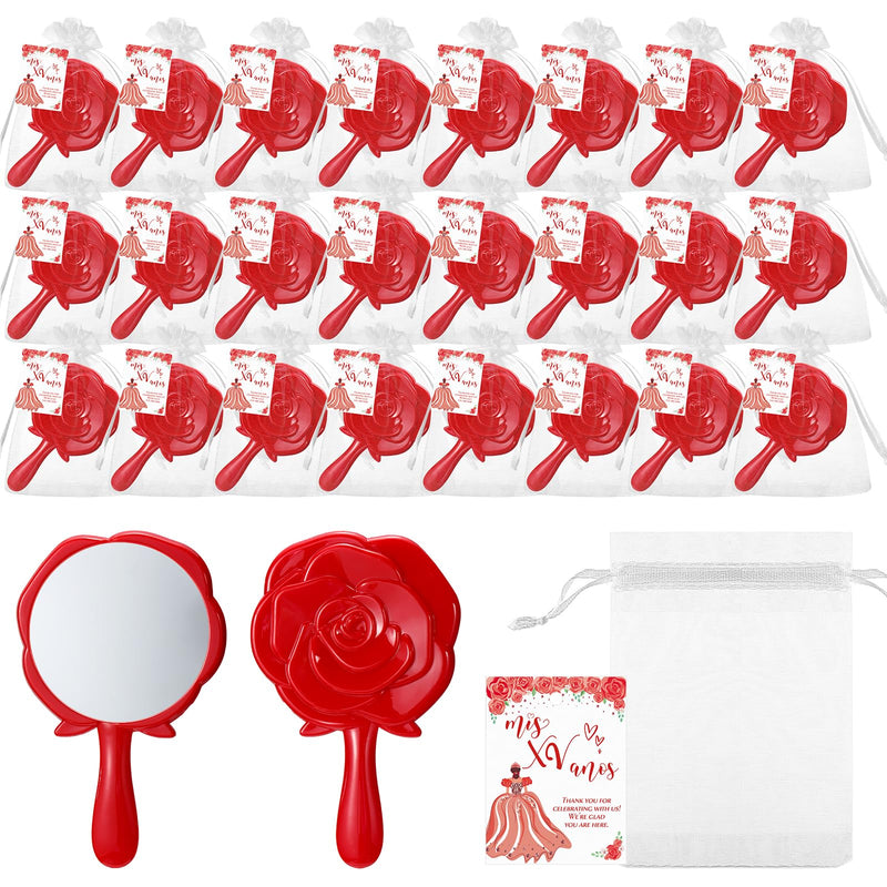 Sintuff 24 Set Rose Compact Mirrors Bulk Quinceanera Wedding Party Favors for Guests Rose Design Compact Mirrors Thank You Cards with White Organza Bags for 15 Birthday Wedding Party Favors(Red) Red