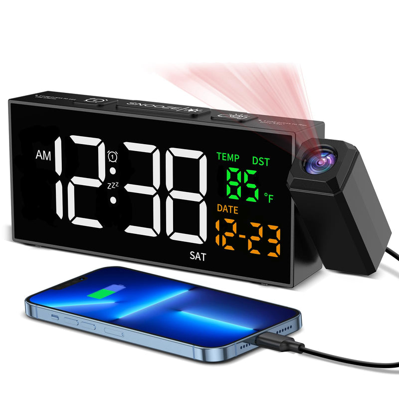 Netzu Projection Clock for Bedroom Ceiling, Alarm Clocks with 180° Rotatable Projector, Date Temperature and Weekday, Manual DST, 5 Brightness, 10 Ringtones, 4 Volumes and Snooze (Black) Black