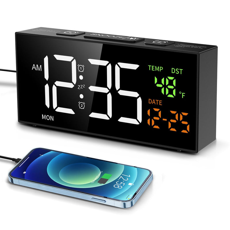 Netzu Alarm Clocks for Bedrooms, Digital Clock with Date Temperature and Weekday, Manual DST, Snooze, 2 Alarms, 4 Volumes for Living Room Home Bedside Desk (Black) Black