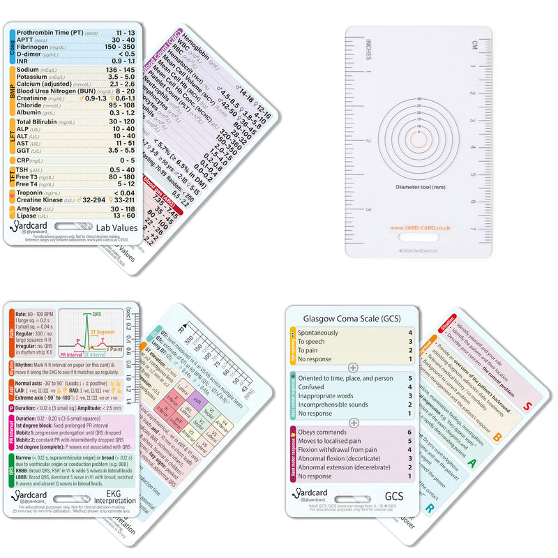 STATRef Badge Card Set: Labs, EKG, Glasgow Scale, SBAR & Ruler | Essentials for Nursing Students, RNs, and Medical Assistants 4 Card Set