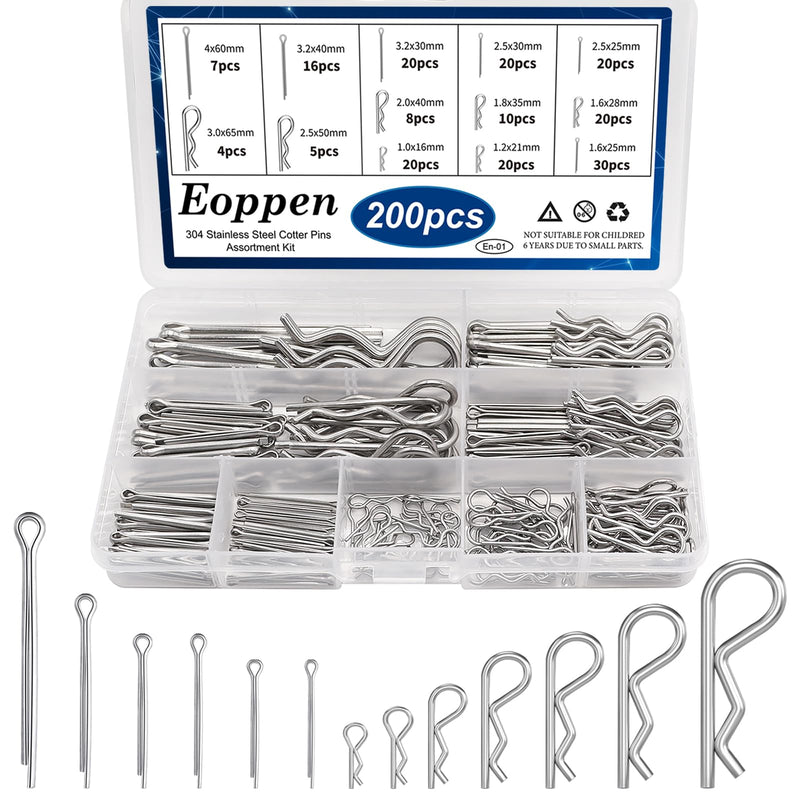 Cotter Pin Assortment Kit 304 Stainless Steel 13 Sizes Cotter Pins & R Clips Cotter Pin Set for Hitch Pin Lock Systems 200Pcs - Cotter Pins & R Clips