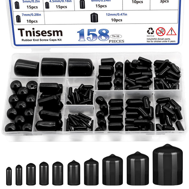 Tnisesm 158Pcs Rubber End Caps Black Round Vinyl End Caps Bolt Screw Covers Caps Rubber Thread Protector Caps Cover in 2/25" to 4/5"