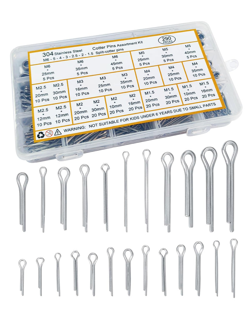 290 Pcs Cotter Pins - 24 Sizes Cotter Pin Assortment Kit Hardware Pins 304 Stainless Cotter Pins Small Cotter Pins Carter Pins Kit Used for Automotive, Trailer Hitch,Lawn Mower 290pcs-Assortment kit