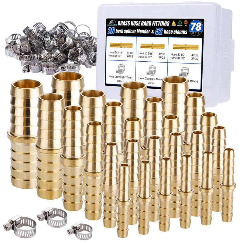 26PCS Brass Hose Barb Fitting,Barb Splicer Mender Hose Fittings 3/16" 1/4" 5/16" 3/8" 1/2" 5/8" with 52Pcs Stainless Steel Pipe Hose Clamps for Air/Fuel/Water/Oil Hose 26pcs barb splicer