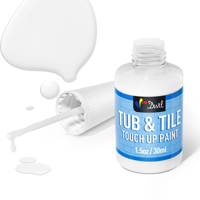 DWIL Tub and Tile Paint, White Paint for Bathtub, White Touch Up Paint for Porcelain, Scratches, Cracks and Spots on Tile, Quick Dry Porcelain Paint, Porcelain Repair Kit for Sinks, Enamel and Toilets, 1.5 Fl Oz(Semi White) Semi Gloss