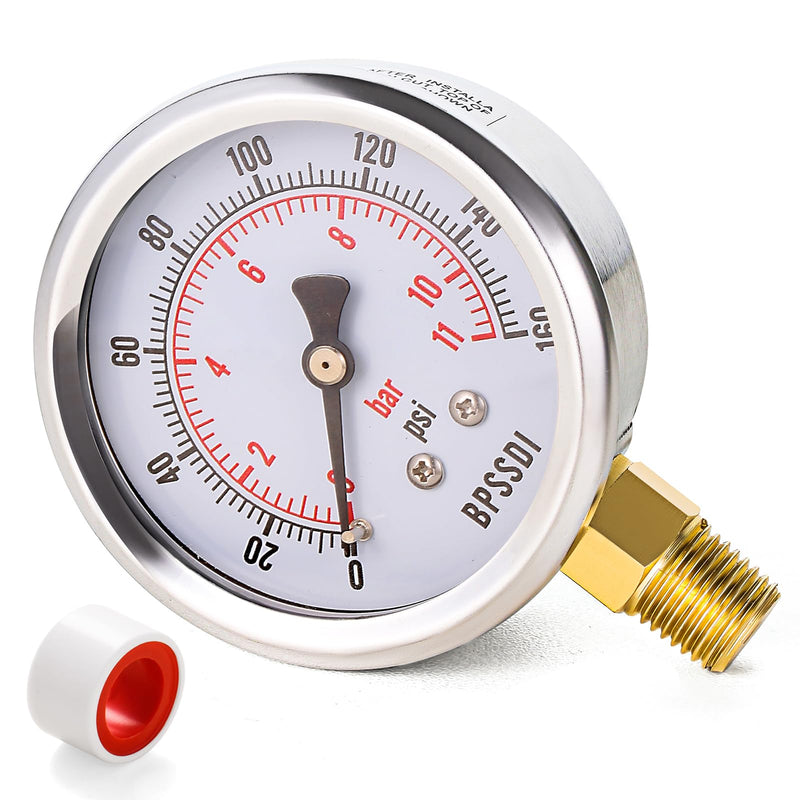 0-160 Psi Pressure Gauge, 2.5" Dial Size, 1/4" NPT Lower Mount, 304 Stainless Steel Case, Water Pressure Gauge Test for Water Pump, Pneumatic Air, RV Hose, Tank, Well Pump(with Tape) 0-160psi（includes tape）