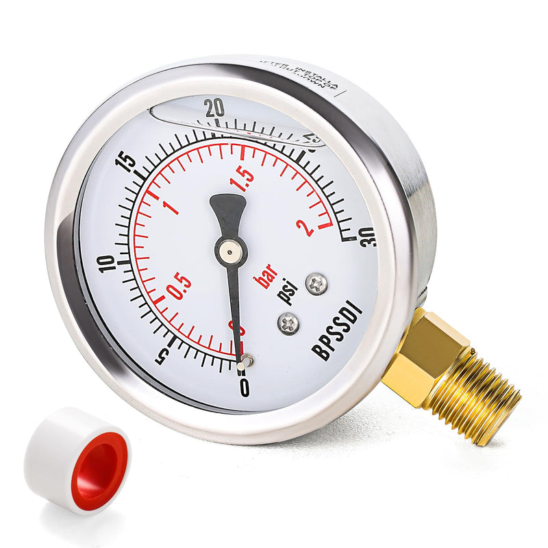 0-30 Psi Glycerin Liquid Filled Low Pressure Gauge, 2.5" Dial Size, 1/4" NPT Lower Mount, 304 Stainless Steel Case, for Water Pipe, HVAC, Water Oil Air Pressure Test 0-30psi（includes tape）