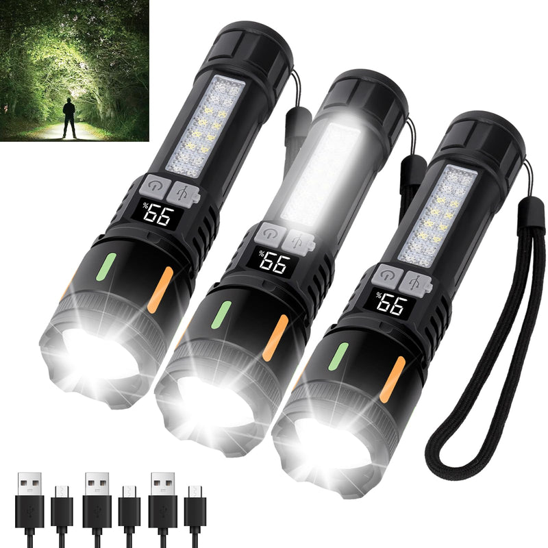 Flashlights High Lumens Rechargeable 3 Packs, 900,000L Handheld Tactical Led Flashlight High Powered with 5 Light Modes, Cob Side Light, USB C, Zoomable, Super Bright Flash light for Emergency Medium -3pcs