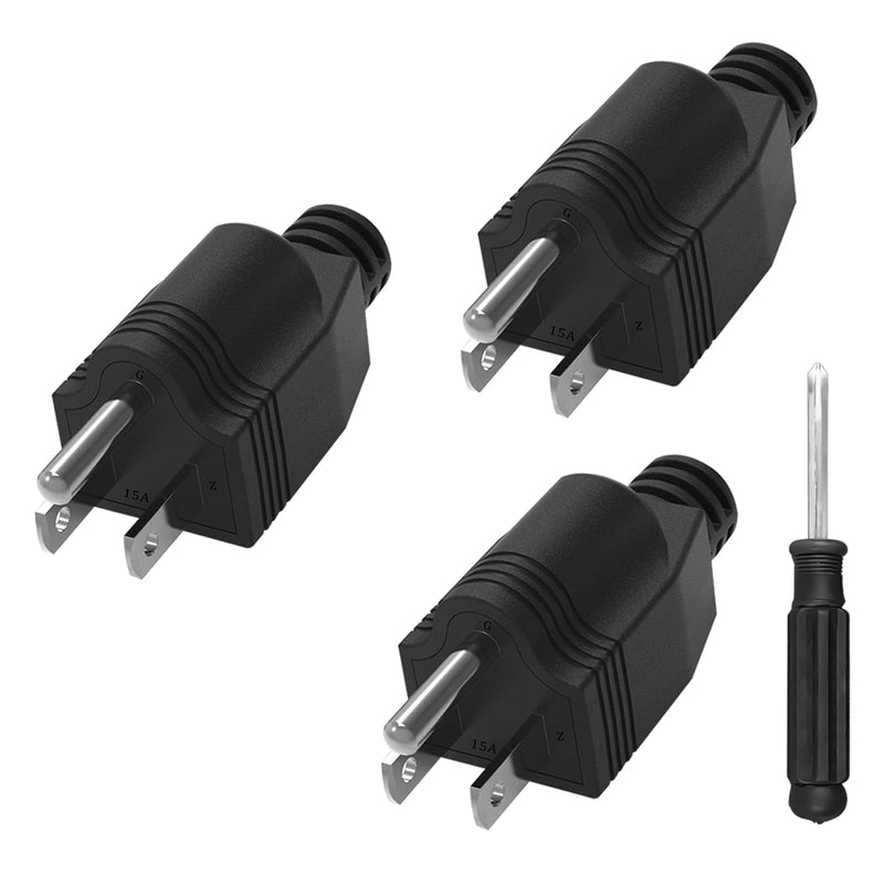 Replacement Plugs, 3 Pack 3 Prong Replacement Plug with 1 Screwdriver, Replacement Plug 3 Prong , Neutral Ground Bonding Plug, 3 Wire 15A 125V Male Plug, Power Plug Replacement, Black 3 pcs plug-black