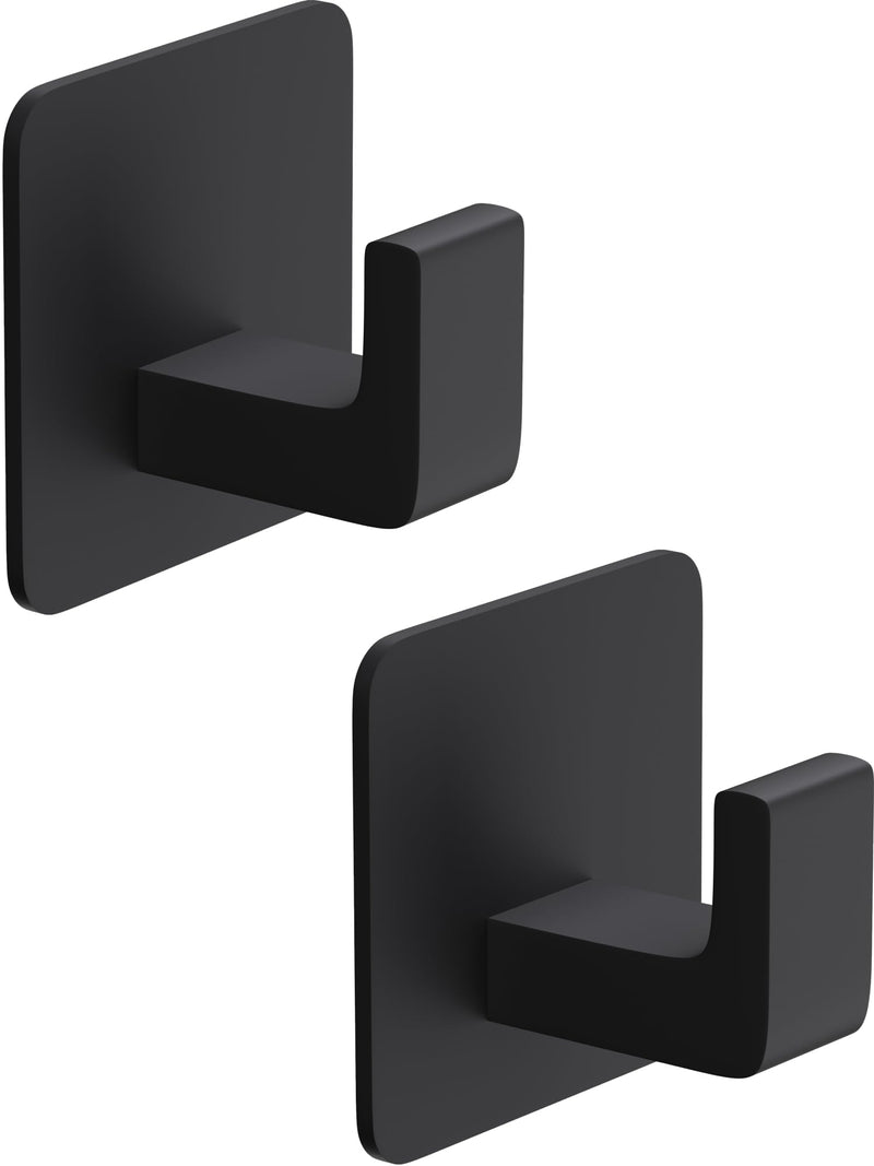 Square Self Adhesive Towel Hooks - Matte Black Bathroom Hooks for Hanging Towel, Coats, Modern and Stylish Hooks for Bathrooms and Kitchen, 2 Pack