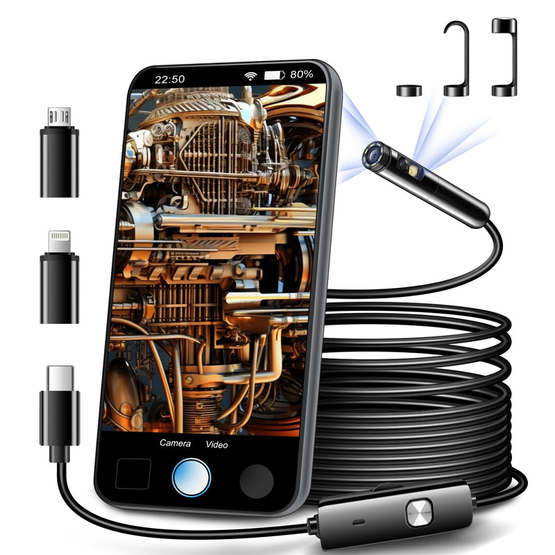 Dual Lens Endoscope Inspection Camera by AURTEC, Dual HD Lens, IP68 Waterproof, 16.5FT/5M Semi-Rigid Cable, Borescope Camera with LED Lights, Compatible with Android and iOS Devices