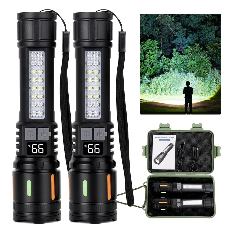 Rechargeable Flashlights High Lumens 900,000L (2 Packs), 5 Modes Super Bright Led Handheld Flash Light Battery Powered with COB Side Light, USB C Charging, Power Display, Waterproof, Zoomable Beam M - 2 Pack