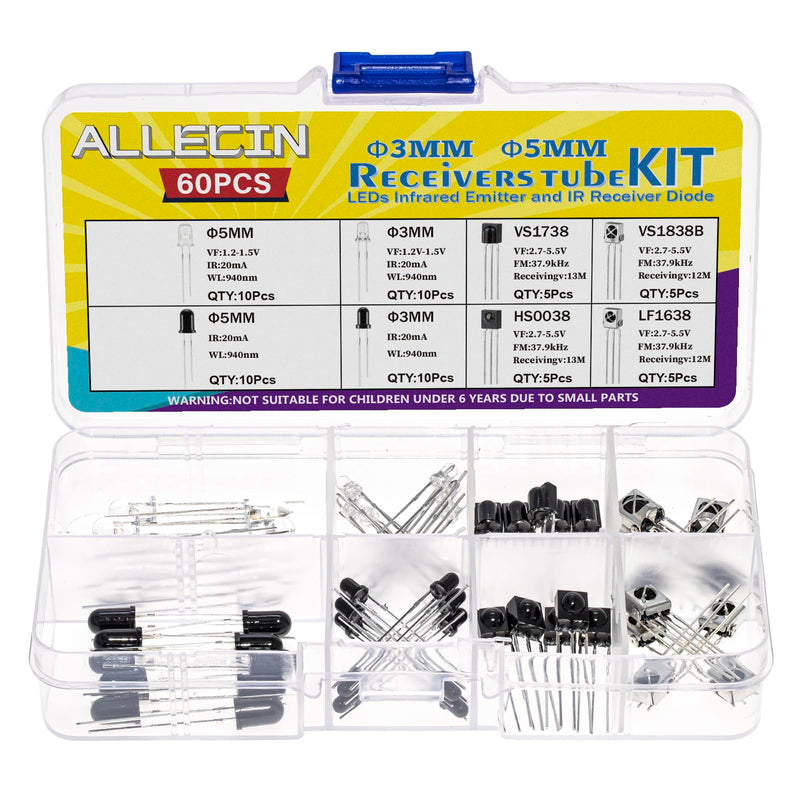3mm 5mm 940nm LEDs Infrared Emitter and IR Receiver Diode 1738 1838 0038 1638 Receivers Tube Kit (Pack of 60pcs)