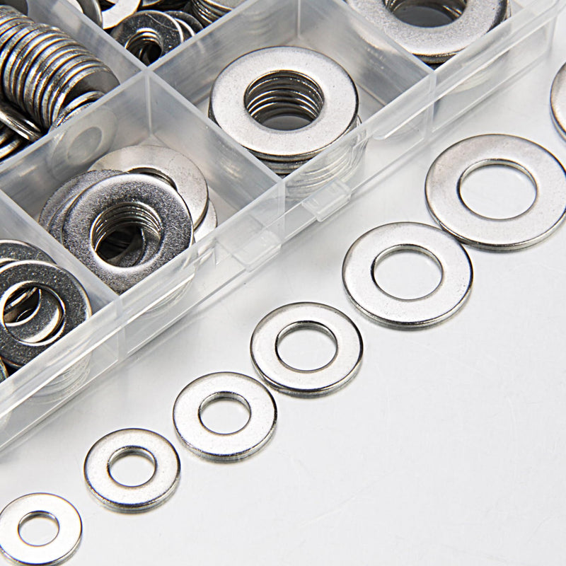 Linkup 550 Pcs SAE Flat washers for Screws for Bolts 2# 4# 6# 8# 10# 12# 3/16'' 1/4'' 5/16'' 3/8'' 7/16'' 1/2'',(18-8) 304 Stainless Steel washers Assortment kit, ANSI/ASME B18.22.1 Metal Washers Set SAE 550pcs set