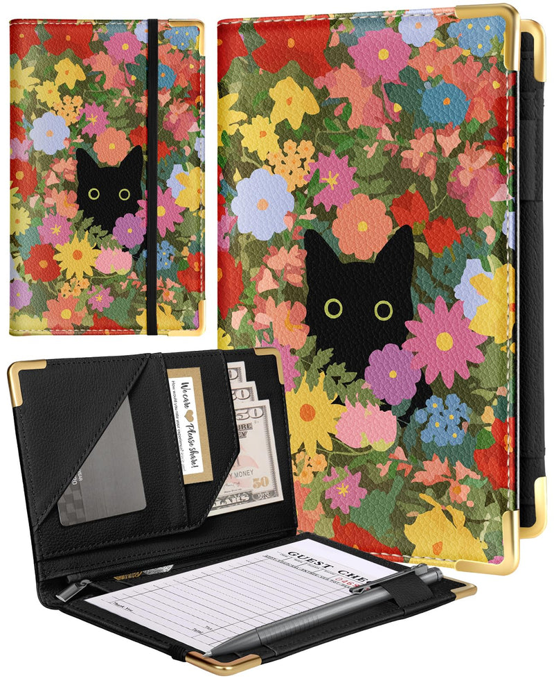 Slohif Server Book for Waitress Cute Serving Books with Zipper Pocket Accessories Leather Server Check Book Restaurant Waiter Server Booklet Organizer Ticket Book Holder Cat Black Black cat