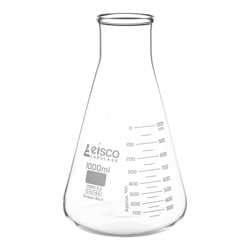 EISCO Erlenmeyer Flask, 1000mL - Wide Neck - ASTM, Dual Graduated Scale - Borosilicate Glass - Wide Neck, Conical, Glass Flasks