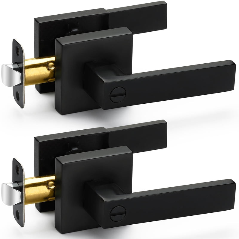 2 Pack Matte Black Door Handles Privacy Door Levers, Heavy Duty Bed and Bath Door Locks Interior Door Knobs, Reversible Keyless Flat Levers with Square Rosette 2 Pack Matte Black Finish