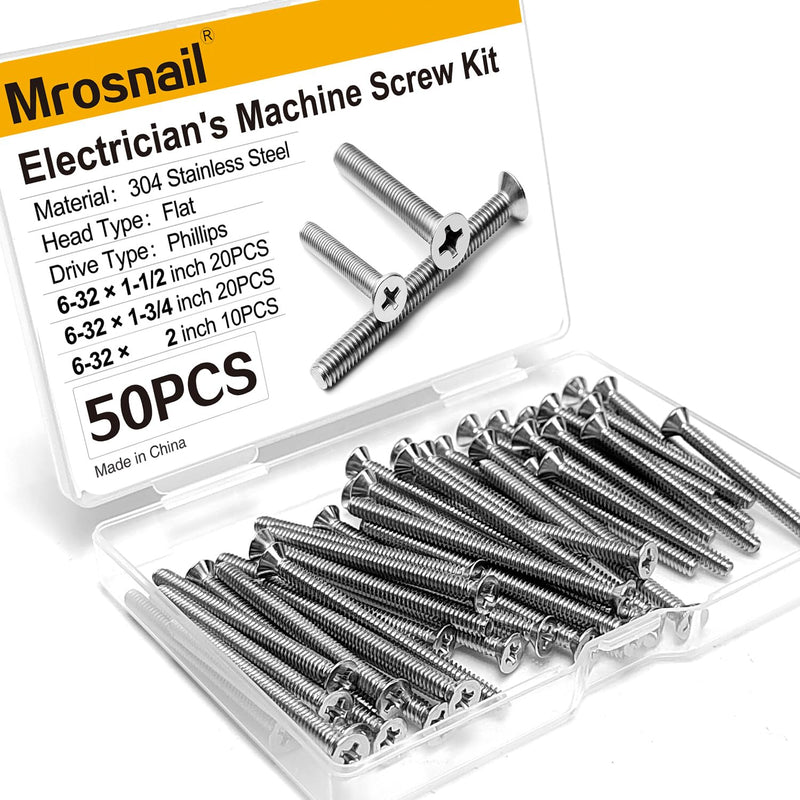50PCS Machine Screws, Extra Long 6-32 x 1-1/2", 1-3/4", 2", Stainless Steel Outlet Extender Screws for Fixing Wonky and Sunken Electrical Outlets, Device Mounting, and Receptacle Repairs 50Pcs Mix