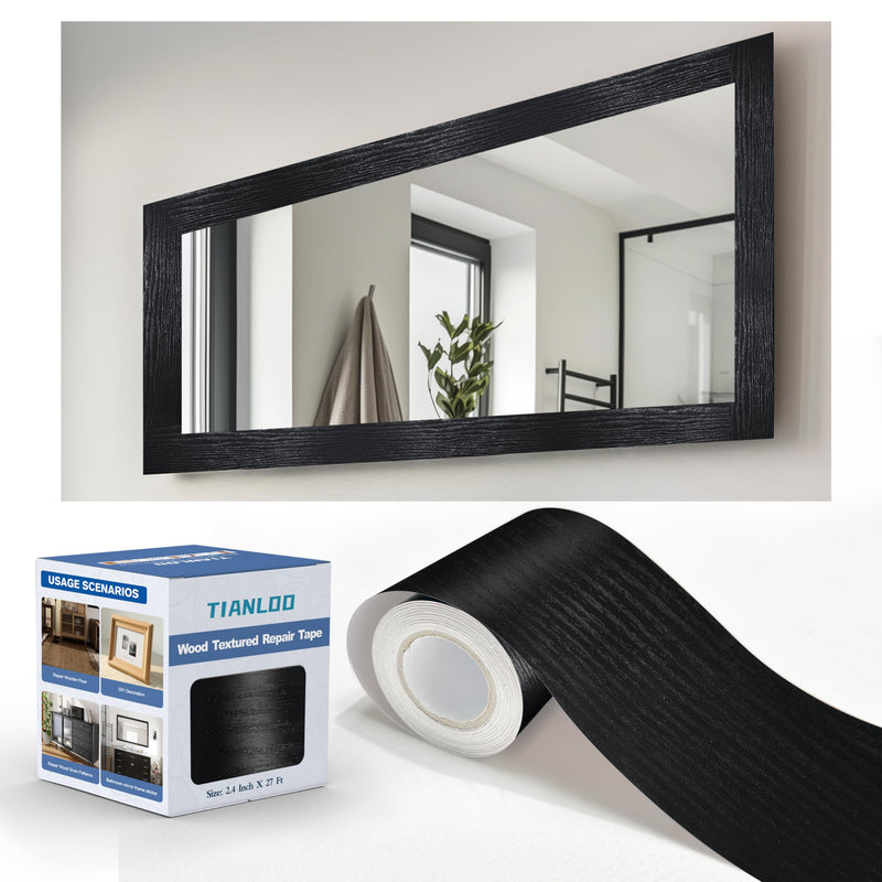 27 FT Wood Grain Wallpaper Border, Removable Waterproof Mirror Border Peel and Stick,Bathroom Mirror Frame Border.(Black) 2.4 Inch x 27 Ft Black