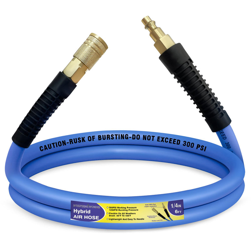 Air Compressor Hose 1/4 in x 6 ft, 300 PSI Heavy Duty Hybrid Air Hose with Quick Coupler and Plug Kit, Lightweight, Kink Resistant, All Weather Flexibility with Bend Restrictors, Blue 6FT