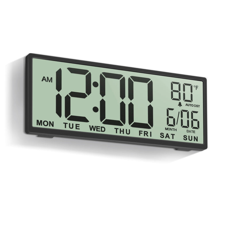 JALL 14.5" Large Digital Wall Clock Battery Operated with Big Digits LCD Screen Display, Day, Date, Alarm, Auto DST, Temperature for Living Room, Bedroom, Desk Decor, Mounted, Gift for Elderly Black