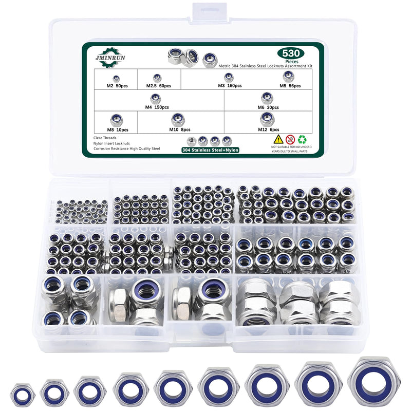Metric Lock Nut Assortment Kit, 530PCS Nylon Insert Lock Nuts Set, 304 Stainless Steel Standard Thread Nylock Nuts for Bolt M2 M2.5 M3 M4 M5 M6 M8 M10 M12, Hex Lock Nuts Assortment Kit Metric 530PCS