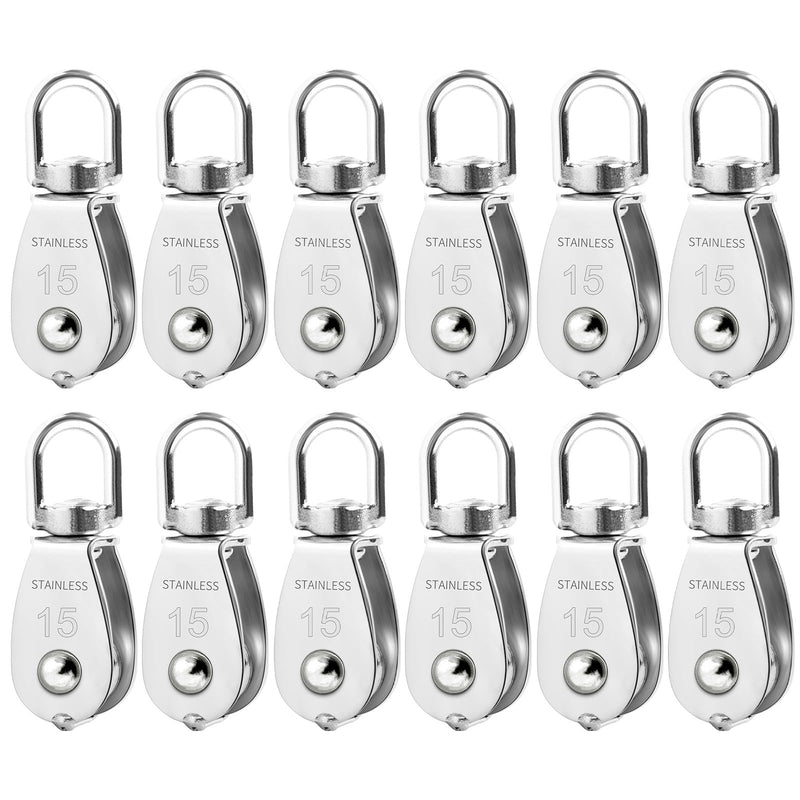 12 Pack M15 Single Pulley Block, 304 Stainless Steel Wire Rope Cable Pulley, Heavy Duty Swivel Pulley Wheel Hanging Wire Towing Wheel for Lifting, Pulleys for Rope 12