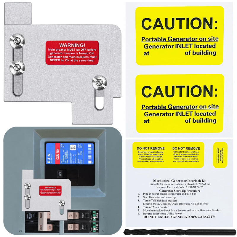 Generator Interlock Kit Compatible with Eaton Cutler Hammer Only CH SERIES TAN Breaker 150 and 200 amp Panels,Generator Horizontal Electrical Interlock Kit,1 1/2 in Spacing Between Main Branch Breaker