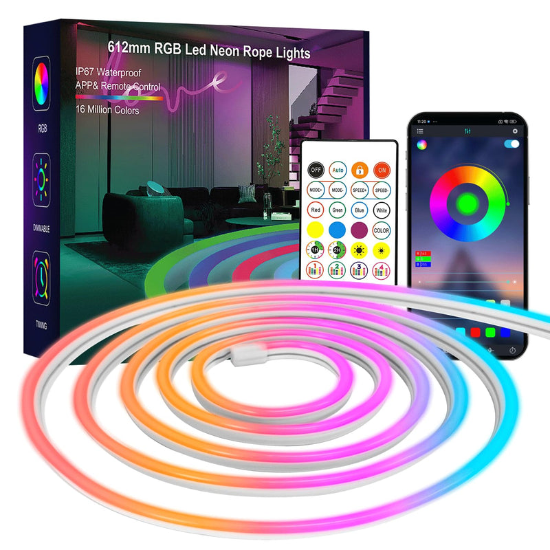 Neon Rope Lights, 20FT RGB Led Strip Lights, Waterproof IP67, DIY Design, Music Sync, 44 Keys Remote Control, Multiple Modes,for Living Room, Bedroom, Holiday Decoration 19.68FT