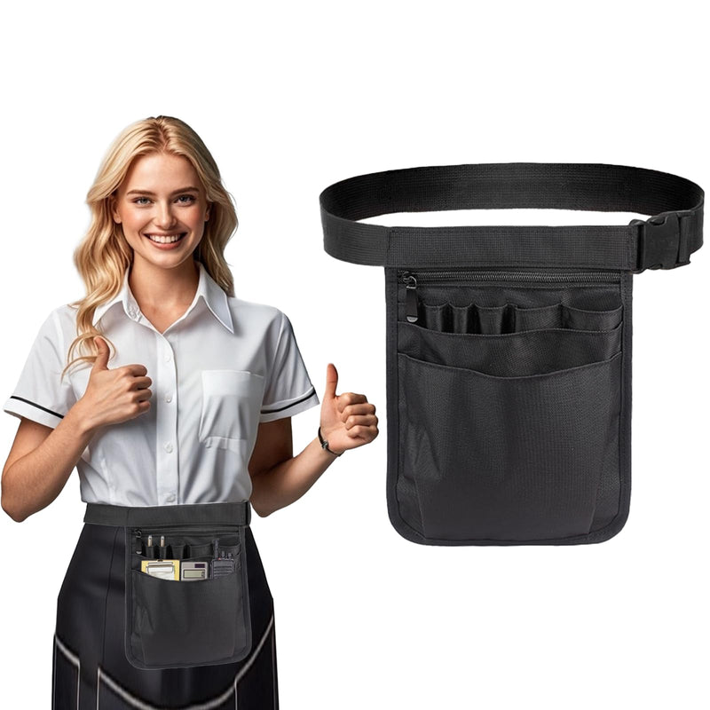 Server Apron, 9.84x7.32Inch Restaurant Waitress Accessories Bag Adjustable Belt Utility Waist Pack Multi Compartment for Restaurants, Gardening, Nursing (Black)