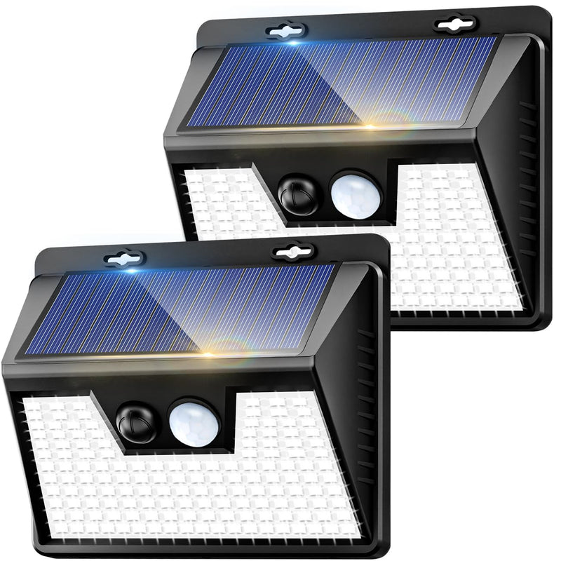 Solar Lights Outdoor 2 Pack, 140LED/3 Modes Motion Sensor Wall Lights Solar Powered, Wireless IP65 Waterproof Solar Lights Outside Bright for Deck Steps Fence Patio Front Door Pathway, White Cool White