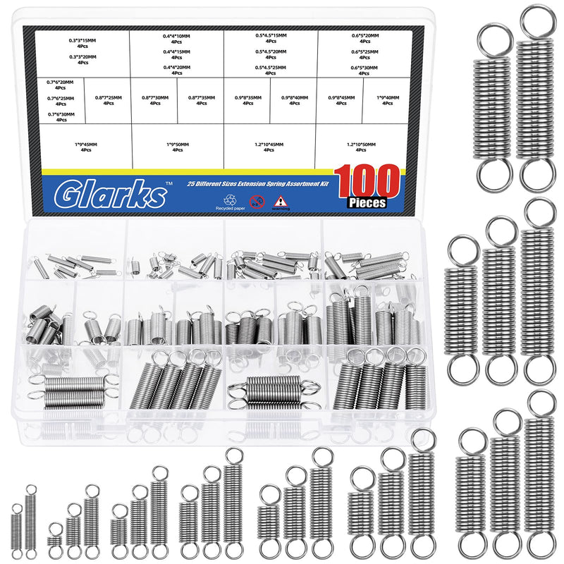 Glarks 100pcs Stainless Steel Extension Springs with Double Hook Sets 25 Sizes Small Spring Tension Spring Wire Assortment for Machinery Construction Industrial 100