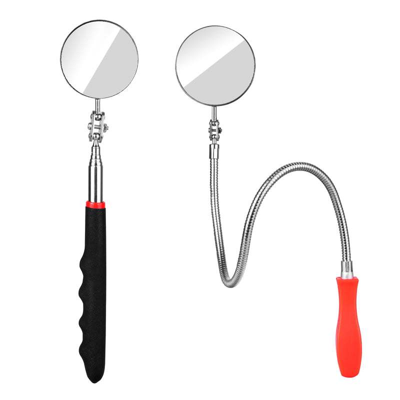 2 Pcs Inspection Mirror, Mechanics Mirror Tool with Long Handle, Round Extendable Mirror on a Stick & 360 Rotation Bendable Circular Mirror for Technicians Mechanics Contractors Checking Observation Black/Orange