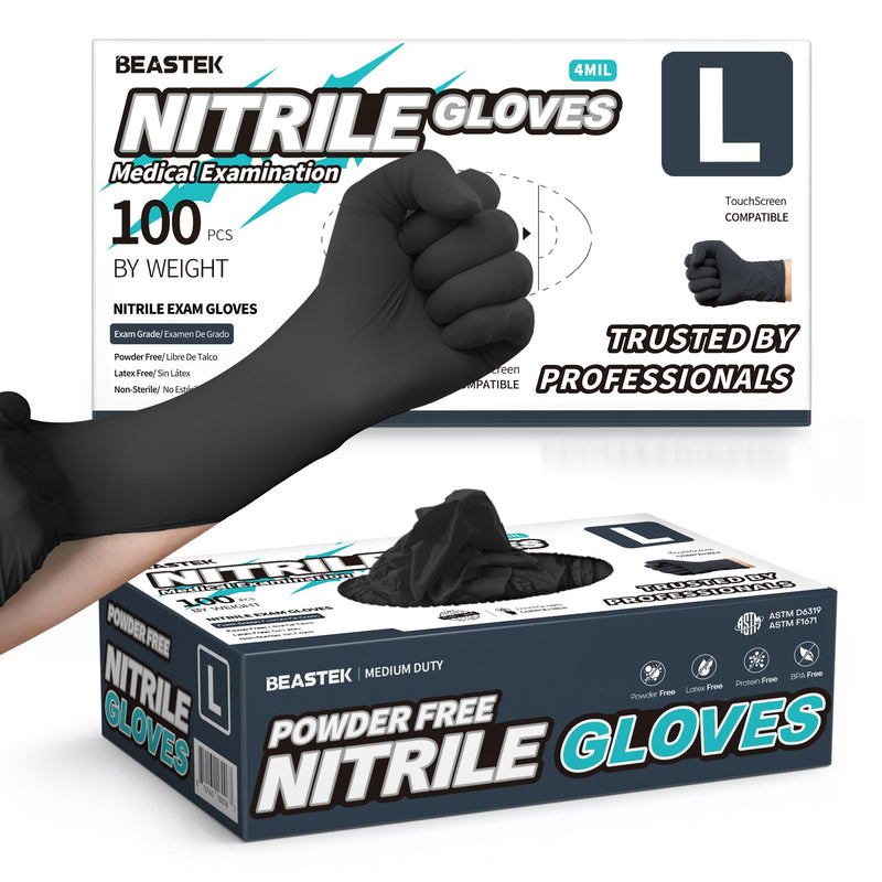 Black Nitrile Exam Gloves, 4.0 Mil, 100 Pcs Disposable Gloves Powder-Free Latex-Free for Medical, Cooking, Food-Safe Large (Black)