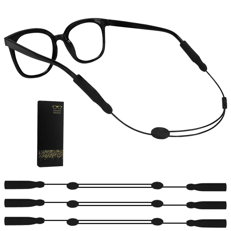 Adjustable Glasses Strap, Anti-Slip Sunglasses Strap for Sports, No Tail Glasses Holder Cord, with Steel Wire Cable Eyewear Retainer (3 Pcs, Black)