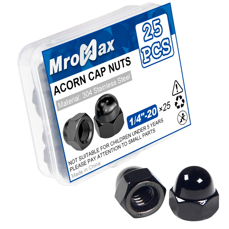 1/4"-20 Black Acorn Cap Nuts, 25Pcs Acorn Nuts, 304 Stainless Steel(18-8) Crown Cap Nuts for Bolt, Dome Head Hex Nuts for Indoor Outdoor, Bright Finish, 7/16 in Hex Wd 1/4"-20 (25Pcs)