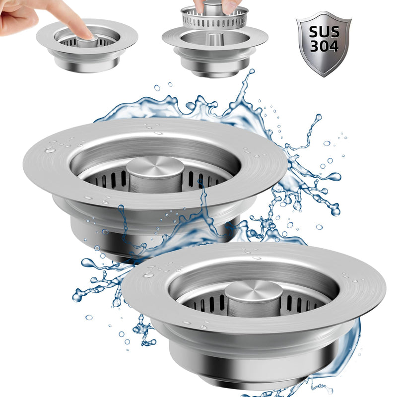 Kitchen Sink Drain Strainer - 2-Pack 3-in-1 Stainless Steel Kitchen Sink Stopper Pop-Up Sink Drain Strainer Basket Kitchen Sink Strainer Stopper Filter for US Standard 3-1/2 Inch Drain Silver-2pack