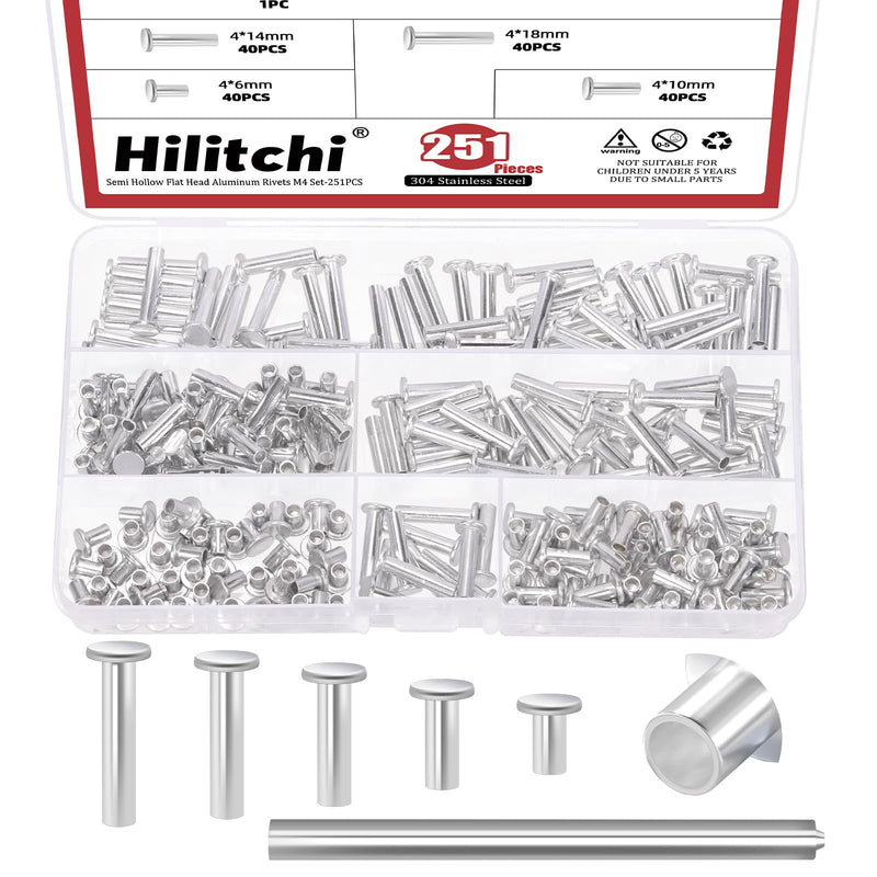 Hilitchi 251PCS M4 Aluminum Flat Head Semi-Tubular Rivets with Punch Assortment Kits Aluminum Round Flat Head Rivet Silver Round Semi Tubular Rivets for Craft Repairs Decoration