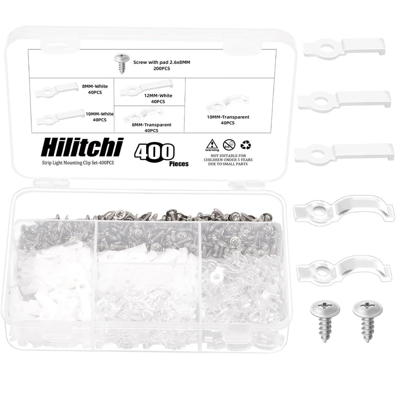 Hilitchi 400Pcs Strip Light Mounting Bracket Strip Light Holder Clip One-Side Fixing Clip with 200 Screws 8MM 10MM 12MM LED Strip Mounting Bracket for Waterproof Strip Lights (White Transparent Color)
