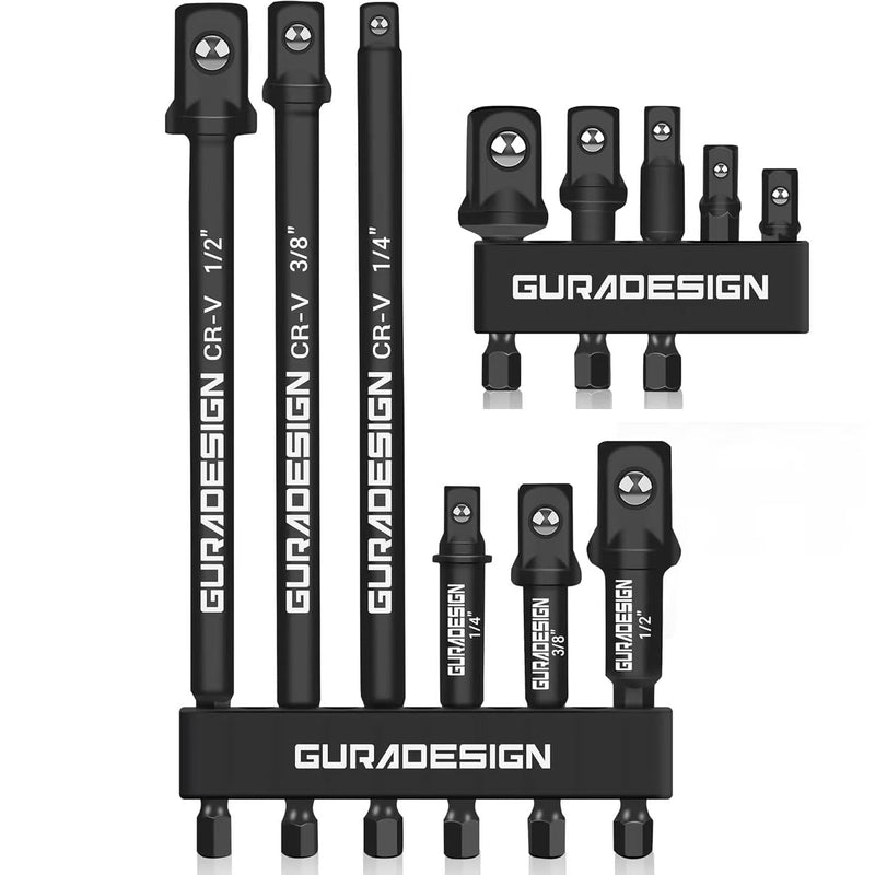 11-Piece Impact Socket Adapter Set for Drill, 3-Inch and 6-Inch Hex Shank Impact Driver Socket Adapter, Socket to Drill Adapter 1/4" 3/8" 1/2" Impact Driver Adapter