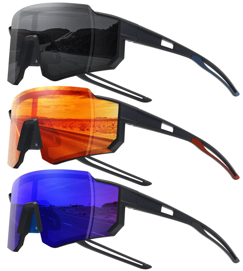 STORYCOAST Polarized Sports Sunglasses for Men Women,Driving Fishing Cycling Mountain Bike Sunglasses UV400 Protection 3pack Matte Black/Gray+matte Black/Red+matte Black/Dark Blue 73 Millimeters