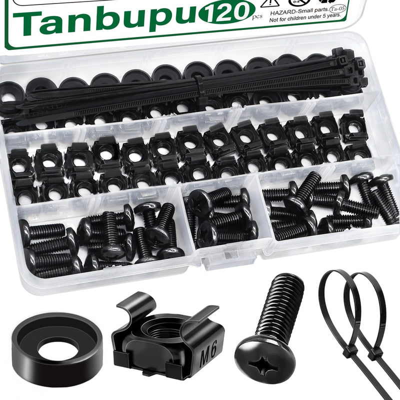 35PACK M6 x 16mm Rack Mount Cage Nuts, Screws, Washers and Self-Locking Cable Ties, Black Server Rack Screws and Square Insert Nuts for Rack Mount Server Cabinet, Shelves, Enclosures, Routers