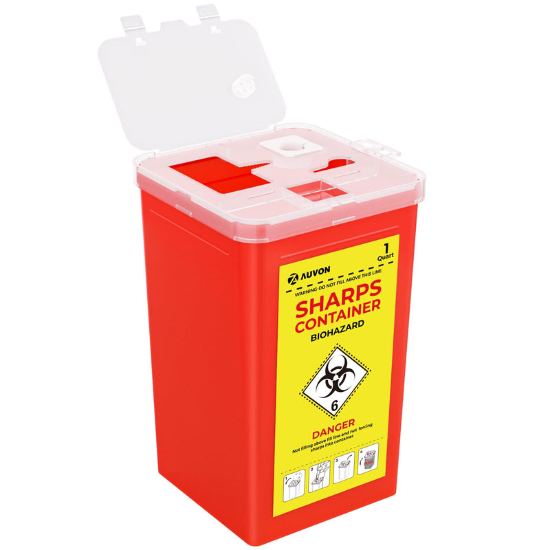 AUVON Sharps Container for Home Use with Split Lid Design and Locking Mechanism, 1 Quart Needle and Syringe Disposal Containers, Portable Container for Travel and Professional Use, 1-Pack